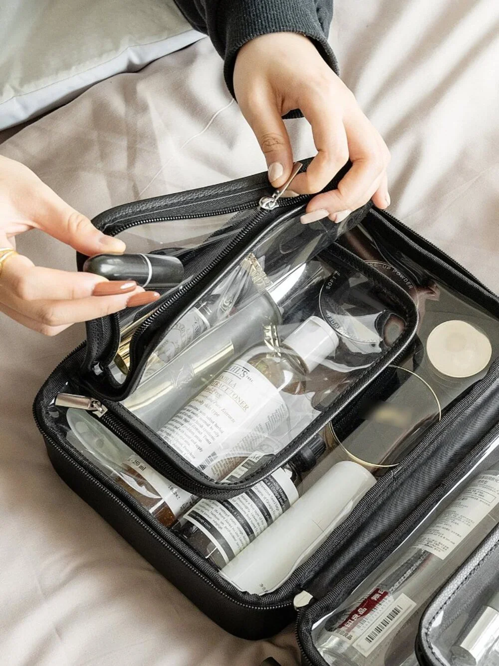 Large TSA approved black clear travel makeup toiletry bag clamshell design LARGE